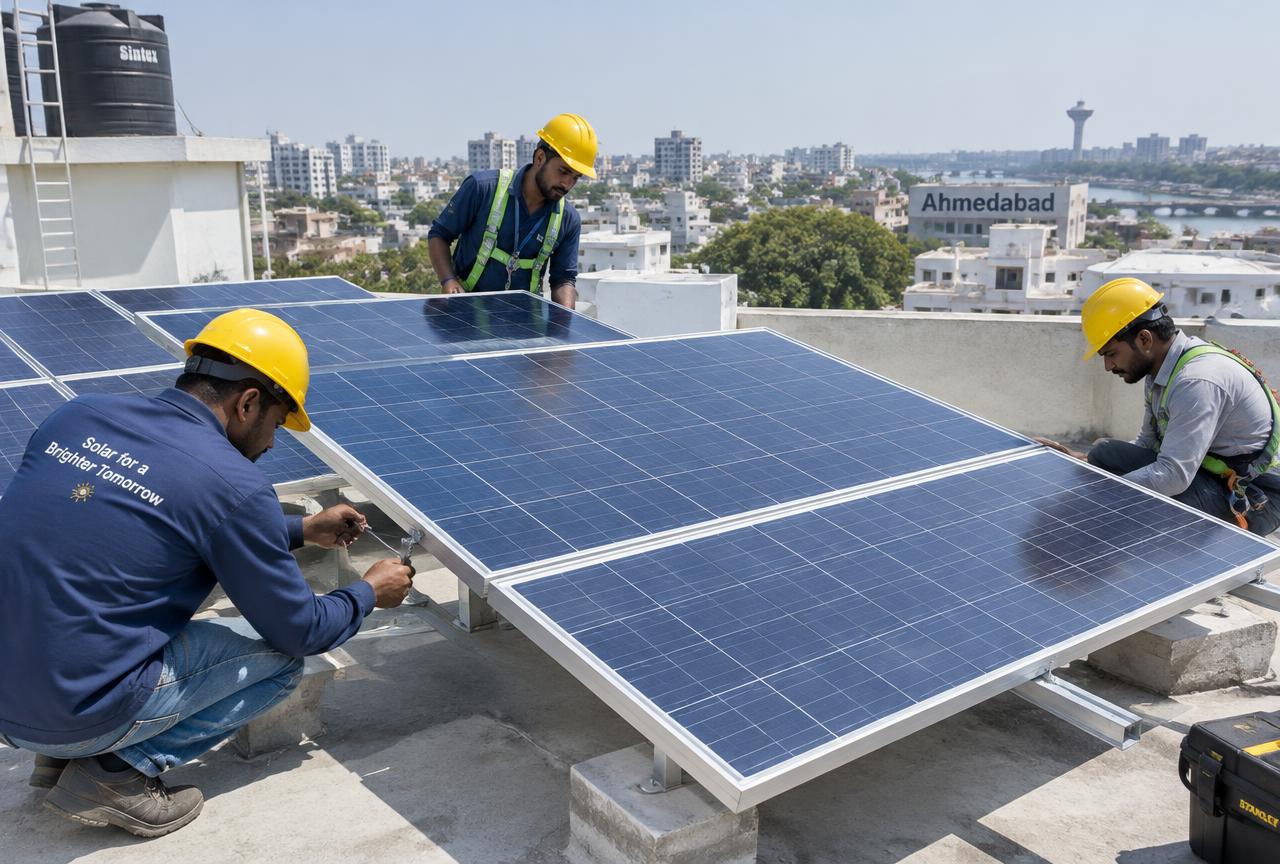 Technicians installing solar panels